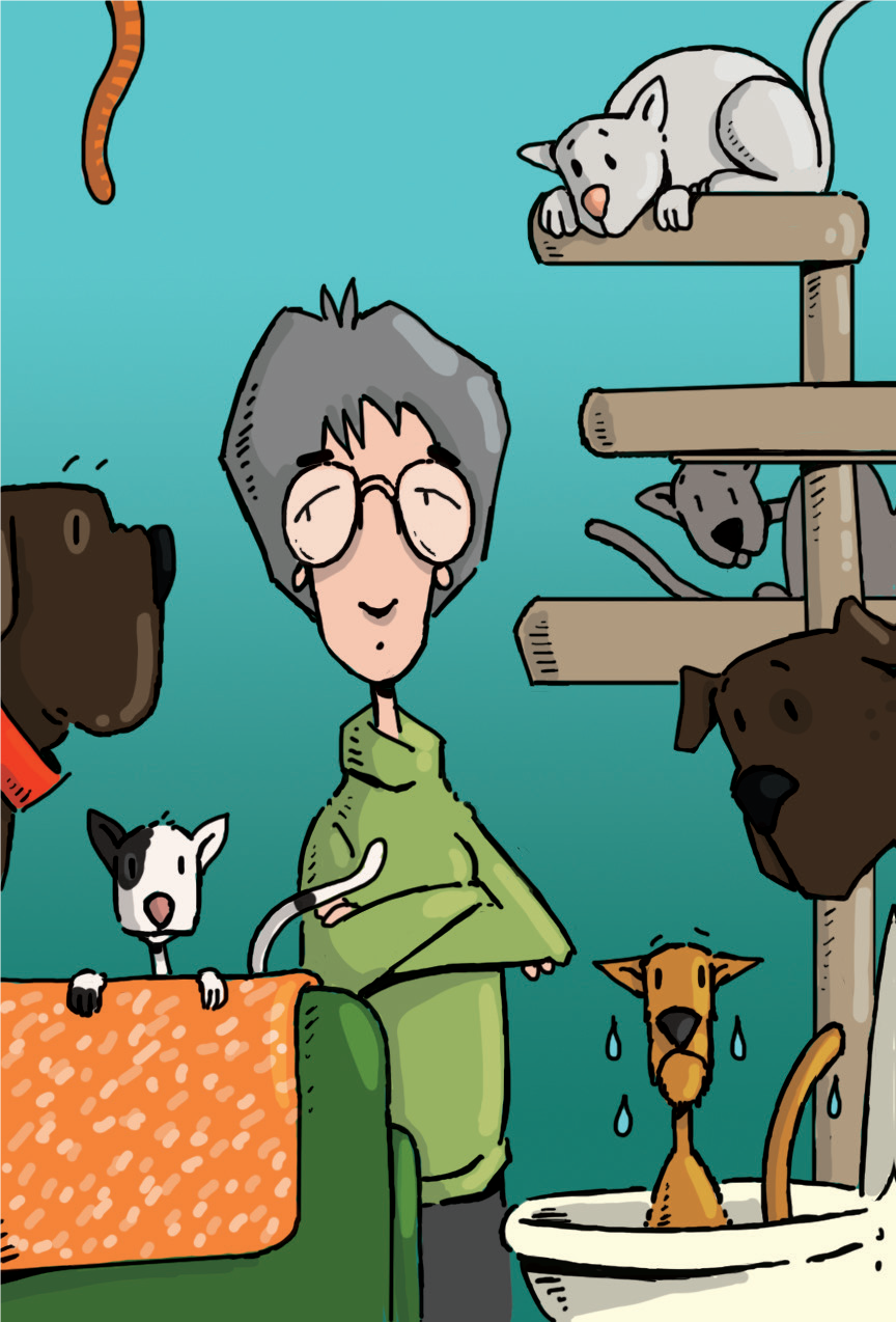 illustration woman with cats & dogs