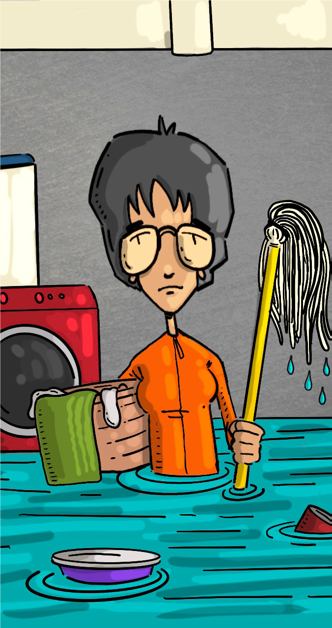 illustration woman with mop in flooded basement